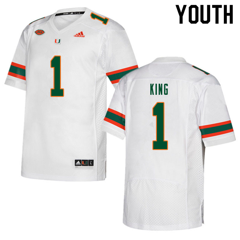 Youth #1 D'Eriq King Miami Hurricanes College Football Jerseys Sale-White - Click Image to Close